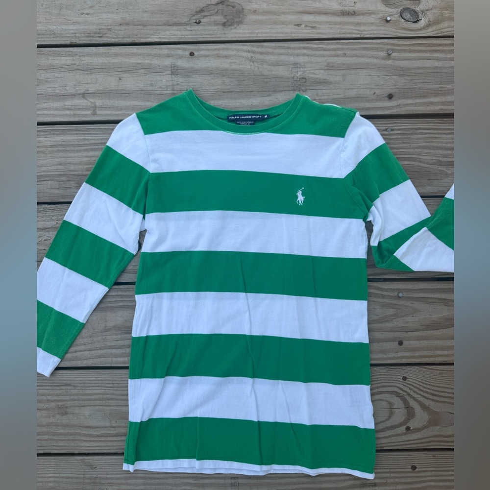 Ralph Lauren Sport Green Striped Elbow Length Sleeve